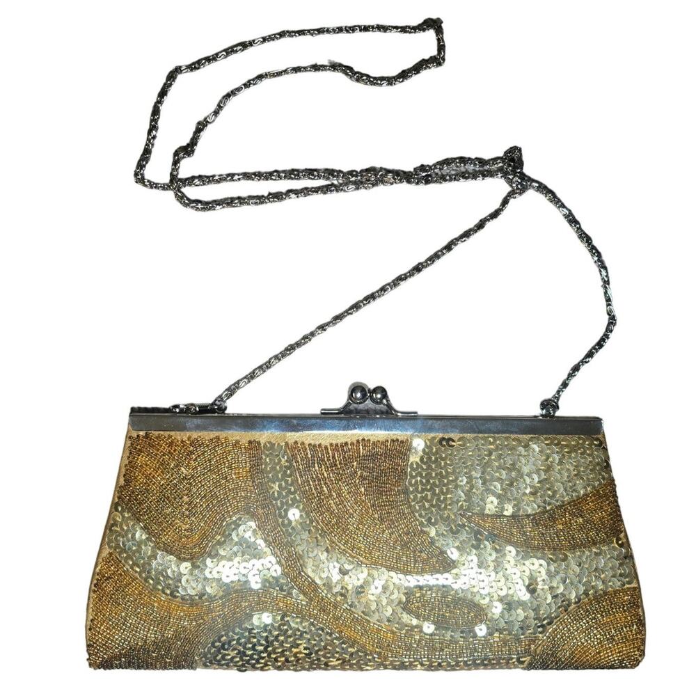 Mandarini Gold Sequin Evening Clutch with Removable Crossbody Strap & Mirror